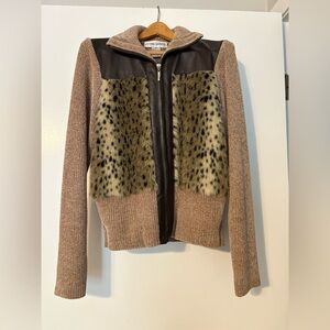 Women's Brown and Black Leather and Faux Fur Jacket